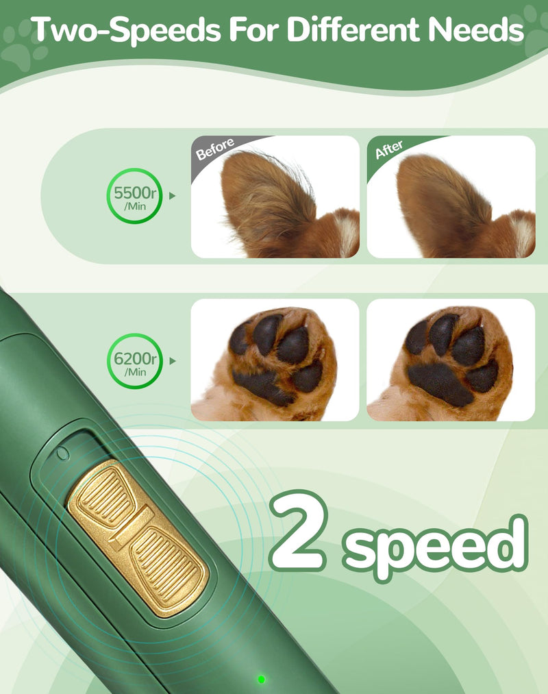 LEYOUFU Dog Paw Trimmer with LED Light, 2 Speed Dog Clippers for Grooming Small Dogs, Rechargeable Low Noise Pet Shaver for Trimming Dogs Cats Hair Around Paws, Eyes, Ears, Face, Rump Green - PawsPlanet Australia
