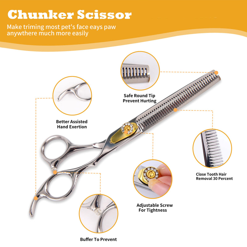 7 Inch Professional Dog Grooming Scissors Kit, 6-in-1 Grooming Scissors for Dogs, Pet Grooming Shears Set, Straight Scissor & Thinning Shear & Curved Scissor & Chunker Shear (Silver) Silver - PawsPlanet Australia