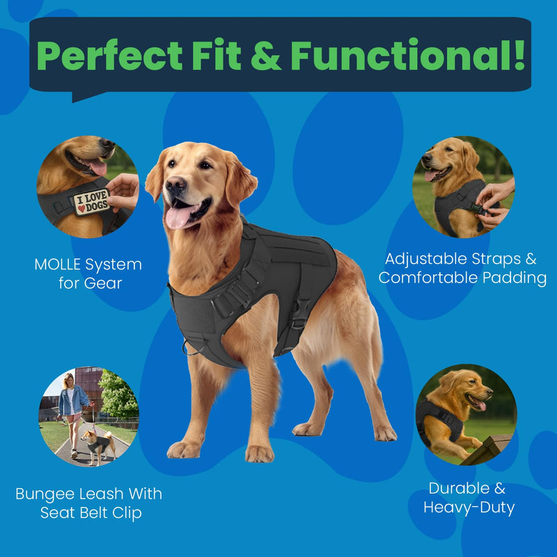 Adjustable Tactical Dog Harness & Leash Set - No-Pull MOLLE Vest with Handle, Front Leash Clip, Hook & Patch - Perfect for Small to Large Dogs (L: Neck 18"-24", Chest 28"-35"), Olive Black L (Neck:18"-24" ; Chest:28"-35") - PawsPlanet Australia
