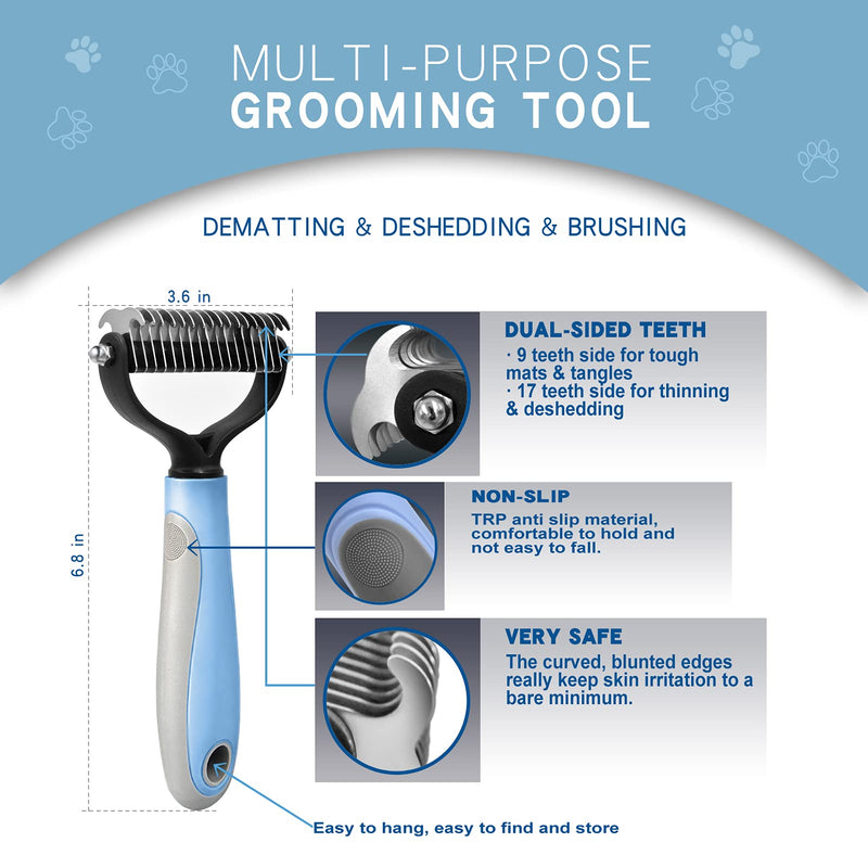 Deshedding Dog Brush - Undercoat Rake for Cats & Dogs - Double Sided Brush for Shedding and Dematting Comb Grooming Tool kit - Nail Clipper & Nail File Blue(3 Pcs )