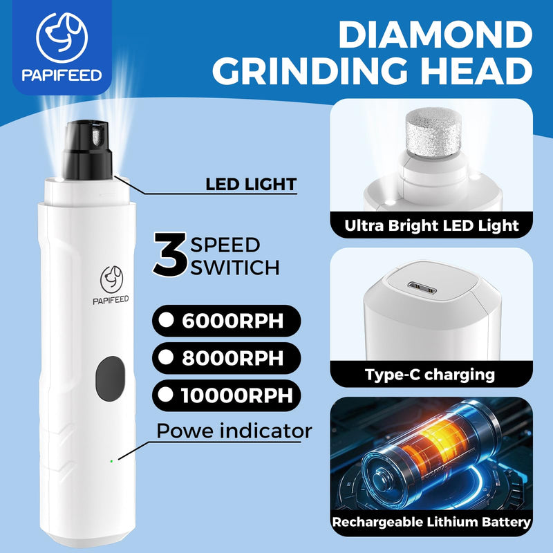 PAPIFFEED Dog Nail Grinder Upgraded with 2 LED Lights, 3-Speed Rechargeable & Quiet - Upgraded Electric Pet Nail Trimmer for Small Medium Large Dogs & Cats, Painless Paws Grooming Tool - White White single nail grinder - PawsPlanet Australia