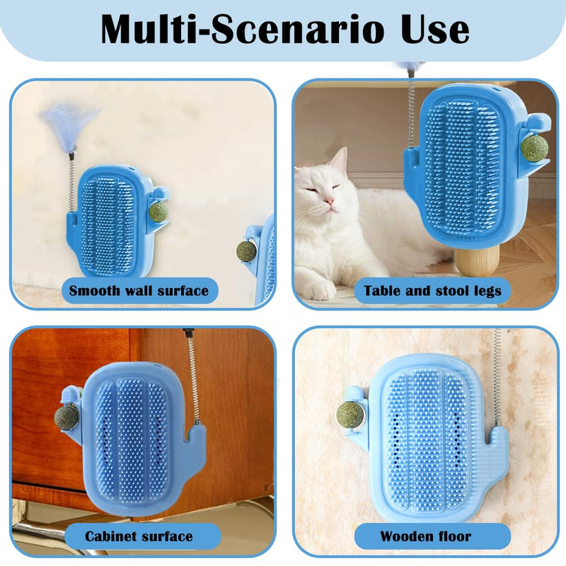3-in-1 Cat Self Groomer Brush – Wall Corner Cat Scratch Pad with Catnip Ball & Feather Toy, Cactus-Style Wall Brush for Indoor Cats, Cats Massager & Face Scratchers for Fur Pets Blue - PawsPlanet Australia