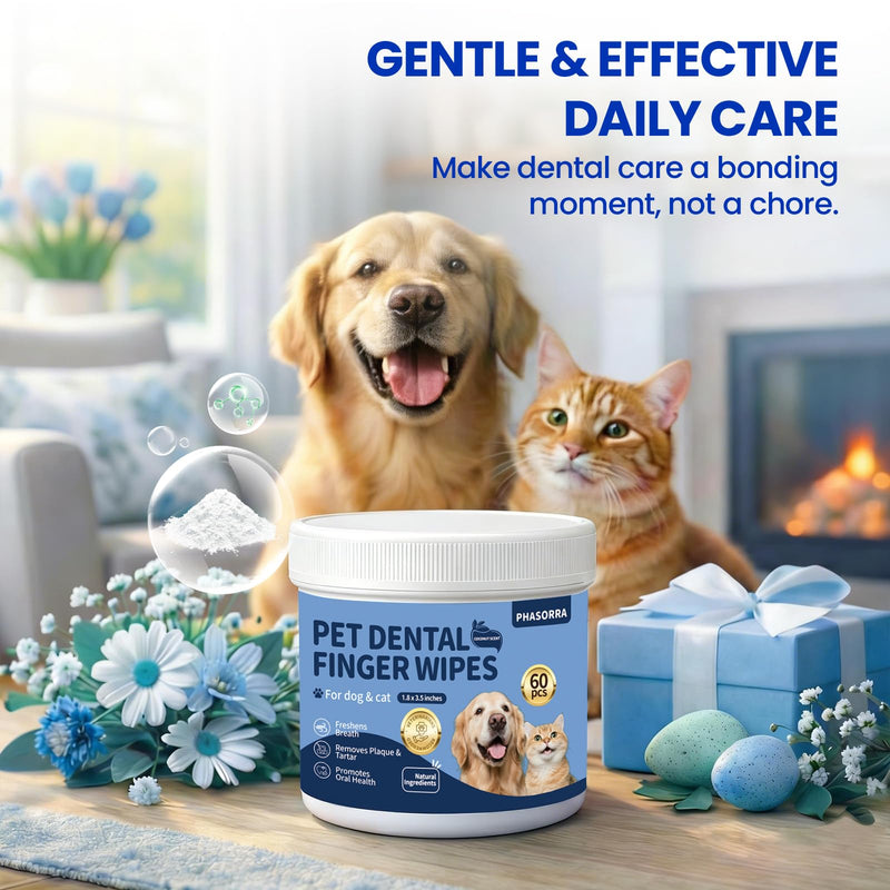 Dog & Cat Tooth Brushing kit - 60Ct Dog Toothbrush & Toothpaste Alternatives, Dental Care Wipes, Heavy Duty Teeth Cleaning, Remove Tartar & Plaque, Breath Freshener(Coconut) Coconut