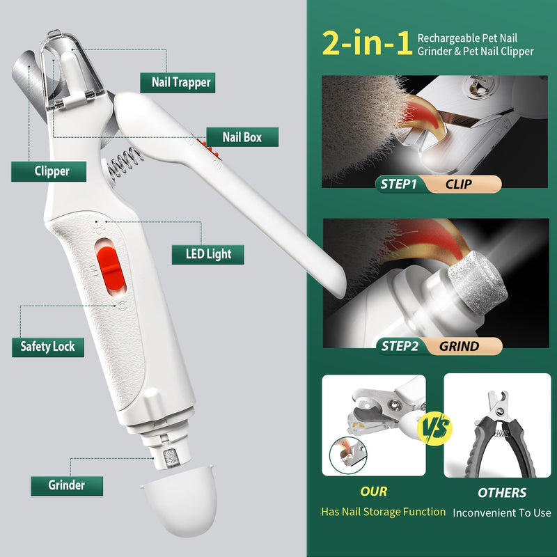 2 in 1 Dog Nail Clippers & Cat Nail Clippers Trimmers for Large Medium Small Dogs Cats Claw Trimmer Quick Sensor and Safety Guard USB Rechargeable Dogs Nail Trimmer with Catcher & 2 LED Lights White - PawsPlanet Australia