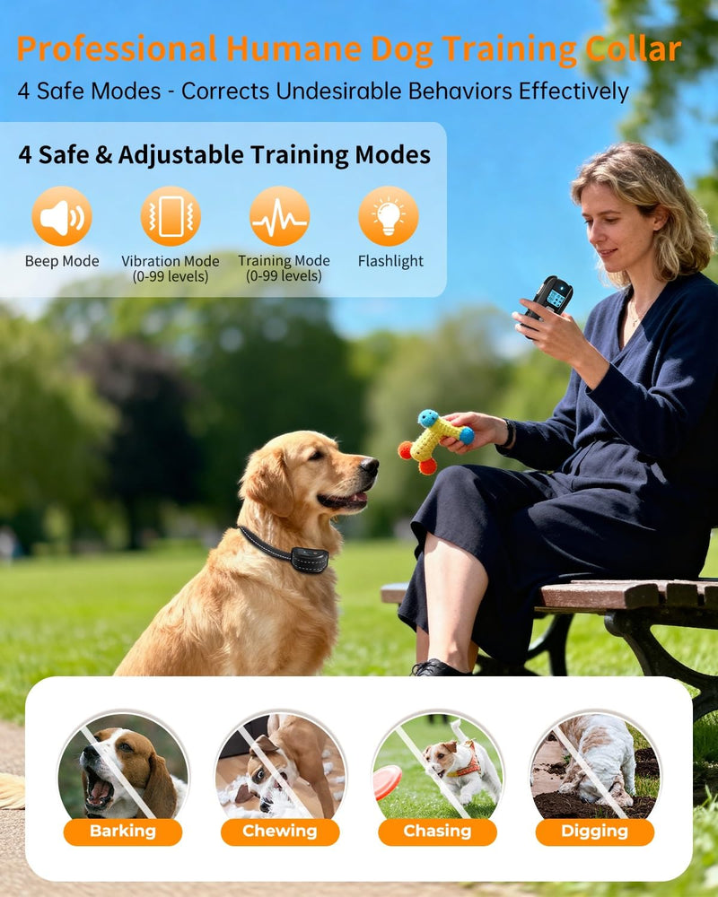 Dog Shock Collar with Remote Control – Shock Collar for Dogs 10–120 lbs, 2000FT Long Range IPX7 Waterproof Rechargeable Dog Training Collar with 4 Safe Modes Beep Vibration Shock & Flashlight Grey