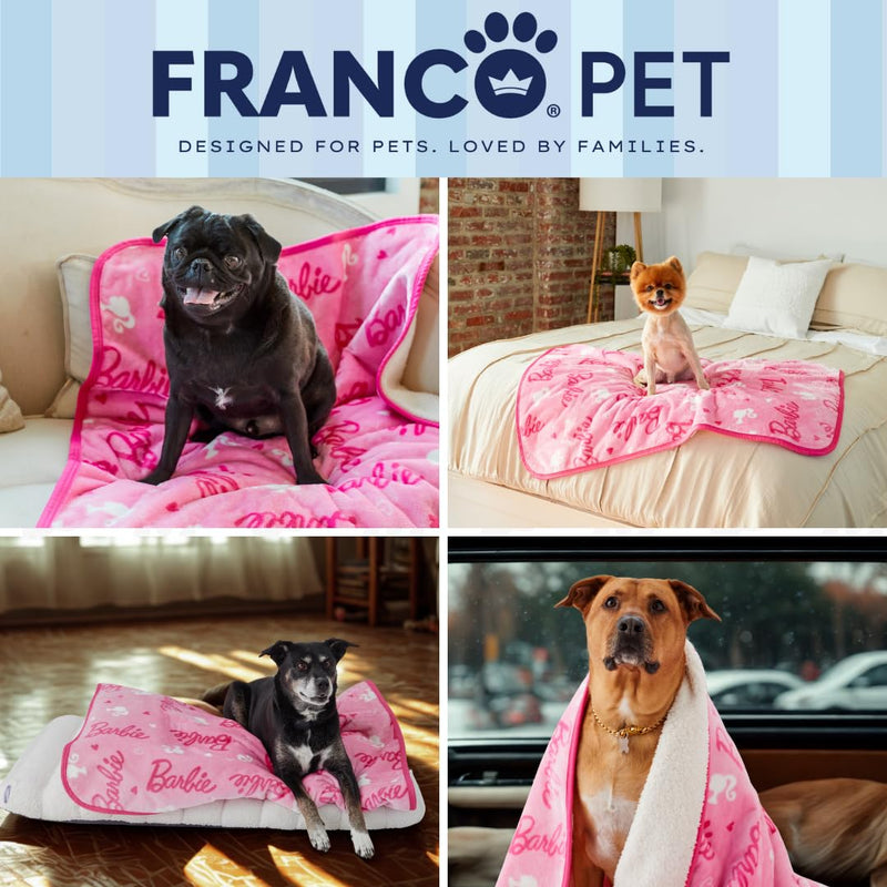 Franco Pet Barbie Super Soft Cozy Waterproof Sherpa-Backed Blanket Throw for Small Dogs, Couch/Bed/Car, 30x40 (Officially Licensed Product) 30 in x40 in - PawsPlanet Australia