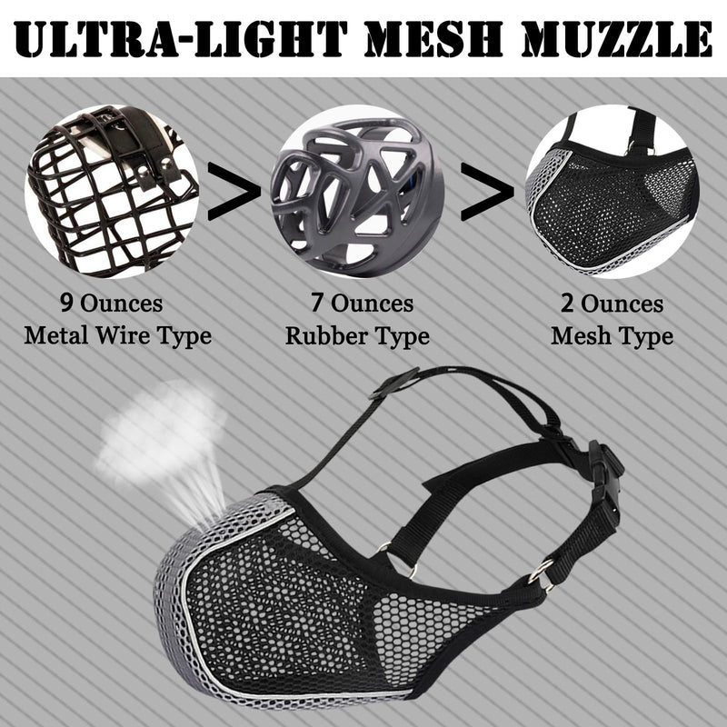 Mayerzon Dog Muzzle, Mesh Soft Muzzle for Large Medium Small Dogs for Scavenging Grooming Biting Chewing, Breathable Reflective Doberman Husky Muzzle with Collar for Labrador Retriever Poodle Black/Grey L-(Snout:10¾"-12")