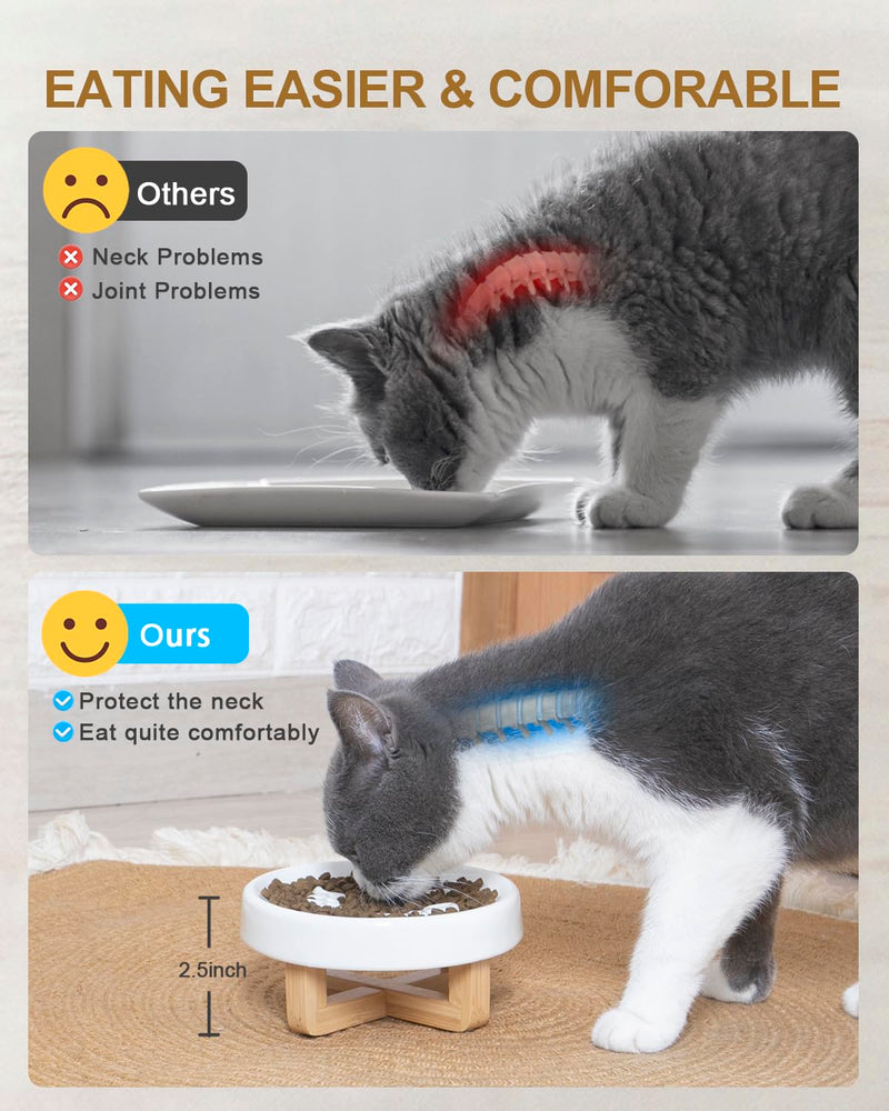 Ceramic Cat Dog Feeder, Slow Feed Bowl with Stand, 2.5'' High, 5.2'' Wide, Whisker Friendly, Easy to Clean, for Cats and Small Dogs Small Fish Bone-White - PawsPlanet Australia