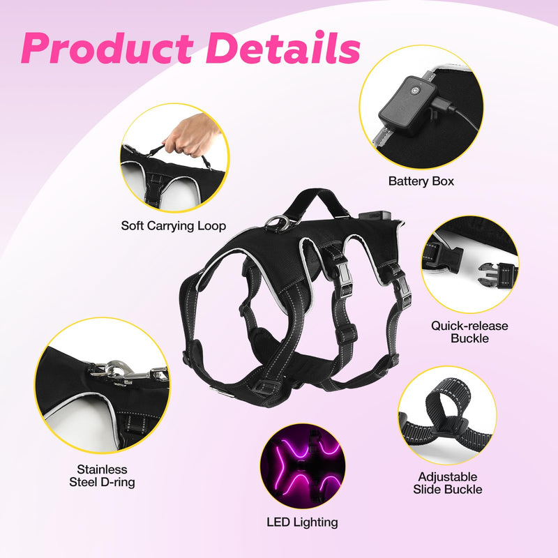 Light Up Dog Harness LED Dog Vest - USB-C Rechargeable RGB 9-LED, Slow/Fast Rainbow Modes, Reflective No-Pull Harness with Dual D-Rings & Handle for Small to XL Dogs (Black, L) Black - PawsPlanet Australia