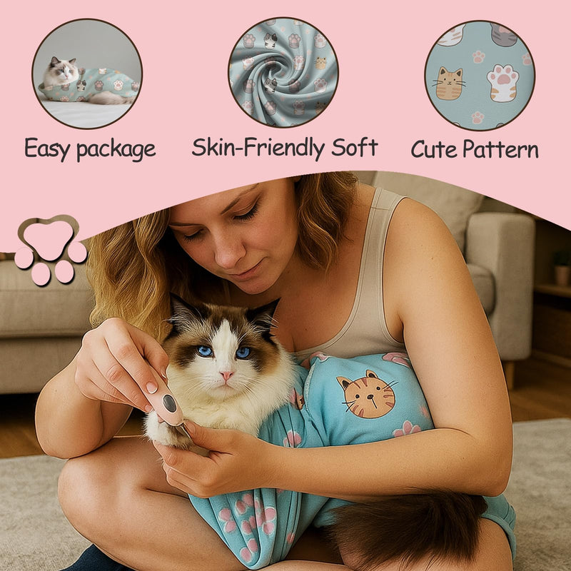 Puffluv Cat Wrap,Feline Nail Cutting Self-Adhesive Relief Blanket, Scratch&Escape-Proof,for Medication,Tooth Brushing,Claw Clipping,Ear Care with Lint Roller, 6-14 lbs - PawsPlanet Australia