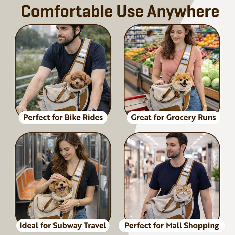 Hands-Free Sling Pet Carrier for Cats and Small Dogs up to 12lbs – Travel Set Includes Foldable Water Bowl & ID Card – Breathable Mesh, Safety Hook & Adjustable Padded Strap for Walking & Travel Beige - PawsPlanet Australia