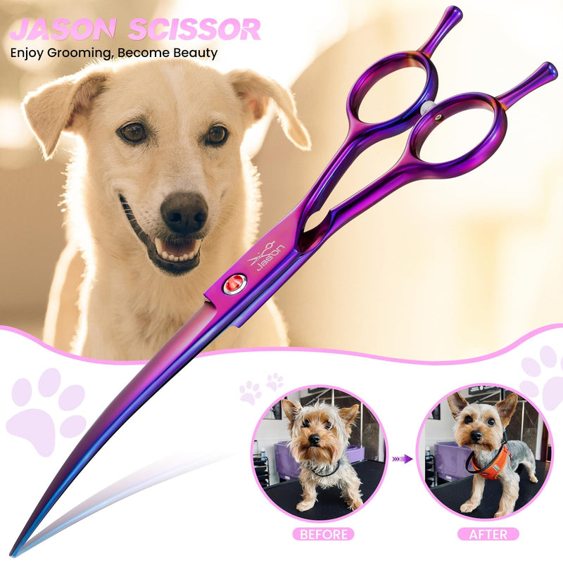 JASON 7.5" Dog Grooming Scissor - Professional Down-Curved Shear with Ergonomic Handle Japanese Stainless Steel Hair Scissor for Dogs, Cats and Other Pets, Sharp & Durable (Curved, Purple)