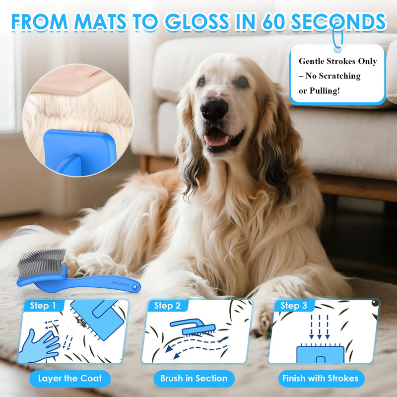 Large Dog Slicker Brush Set for Poodles & Goldendoodles - Extra Long Pin Slicker Brush with Wooden Handle for Long Haired Dogs & Cats - Dematting Tool with Leather Case (2 Piece Kit). Blue - PawsPlanet Australia