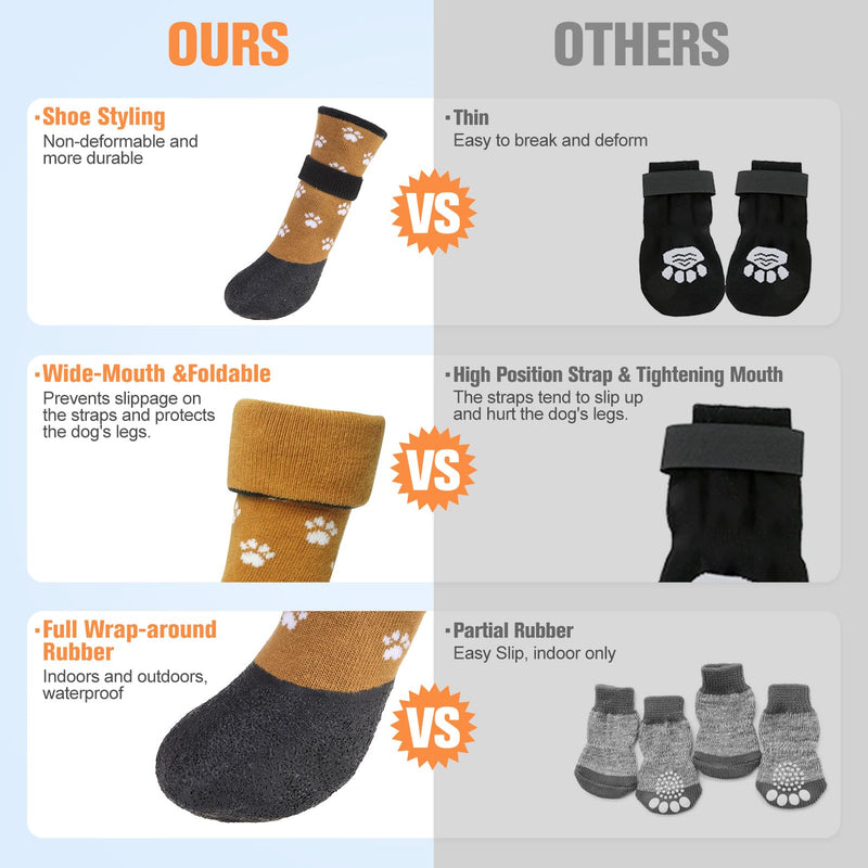 BEAUTYZOO Anti Slip Dog Socks Boots, Dog Shoes for Hot/Cold Pavement Snow Rain Days,Waterproof Grip Dog Booties Paw Protector for Hardwood Floor, Prevent Licking for Small Medium Large Senior Old Dogs Paw Pattern Khaki - PawsPlanet Australia