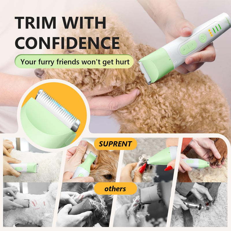 SUPRENT Dog Grooming Kit, 4 in 1 Quiet Pet Clippers for Grooming Supplies, Cordless Cat Paw Trimmer Dog Nail Grinder, Professional Long Hair Shaver Set for Cat Matted Hair and Small Dogs Thick Coats Green - PawsPlanet Australia