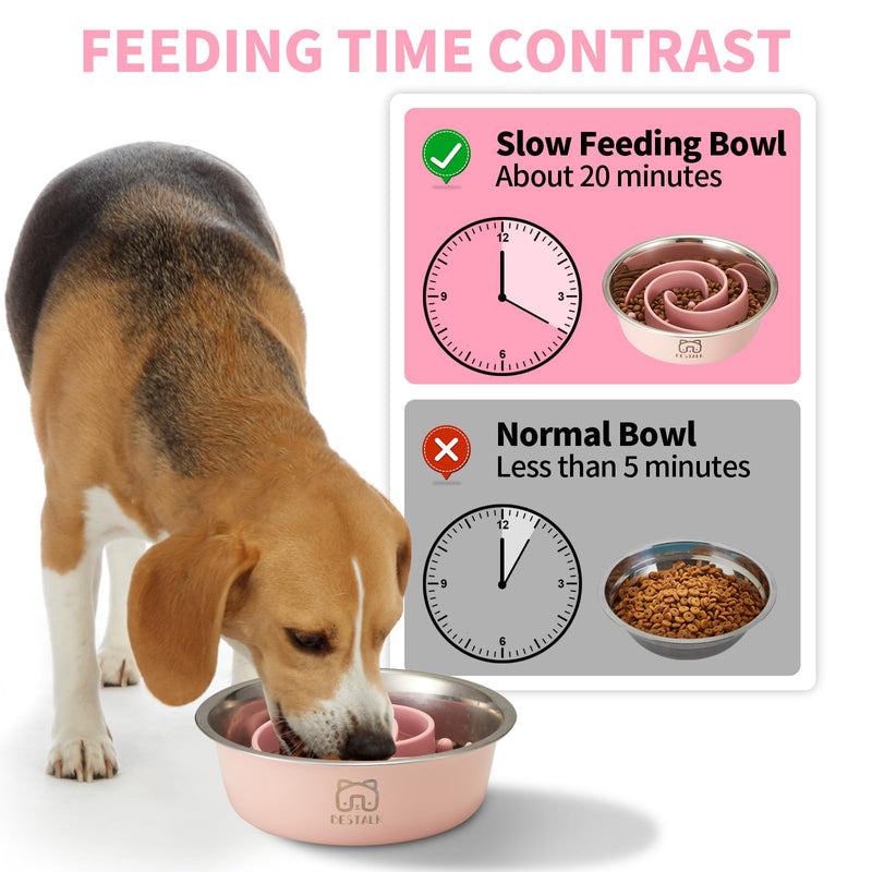 2-in-1 Metal Slow Feeder Dog Bowl, Bestalk Stainless Steel Dog Bowls with Silicone Slow Feeder Insert, Food Grade 304 Water Food Bowl with Anti-Slip Base for Small, Medium, Large Dogs 5 CUPS Pink - PawsPlanet Australia