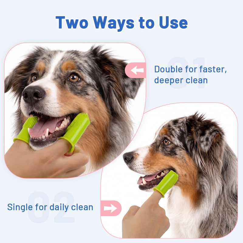 Dog Toothbrush, 180° Dog Finger Toothbrush for Plaque Tartar Cleaning, 2-Pack Finger Toothbrush for Dogs Silicone, Teeth Cleaning, Dog Tooth Brushing Kit for Medium & Large Pets Green