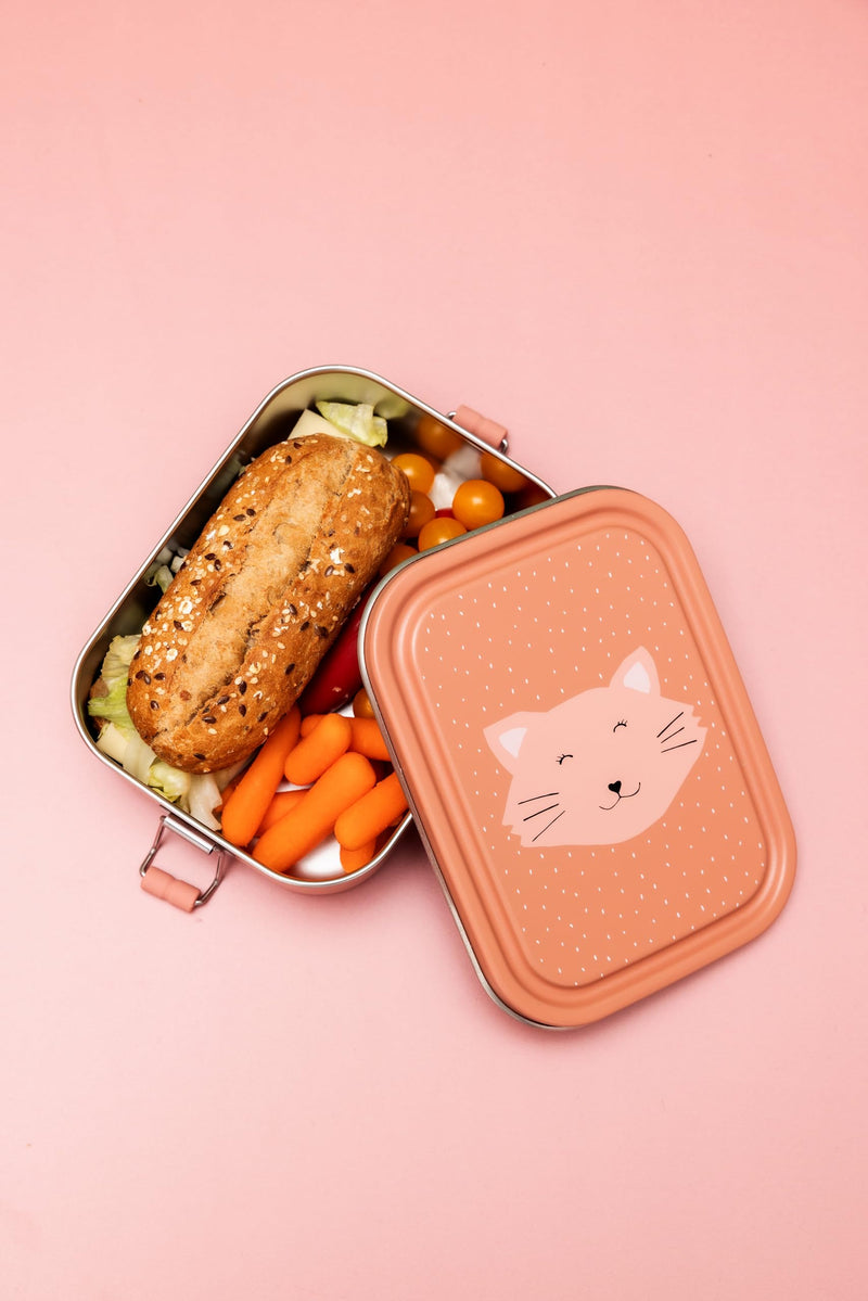 Trixie - Stainless Steel Lunch Box for Kids - Mrs. Cat- Easy Open & Close - Fun Animal Design - Perfect for Snacks & Lunches - Pink
