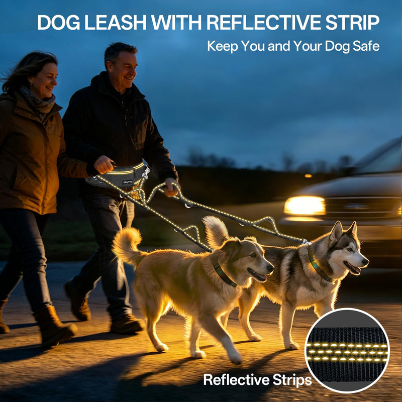Hands Free Double Dog Leash for Two Dogs,Upgrade 200LB Heavy Duty Retractable with Slim Partitioned Waist Pouch,Adjustable Waist for Medium Large Dog Park Walking Jogging Hiking Biking Training 2 Leashes