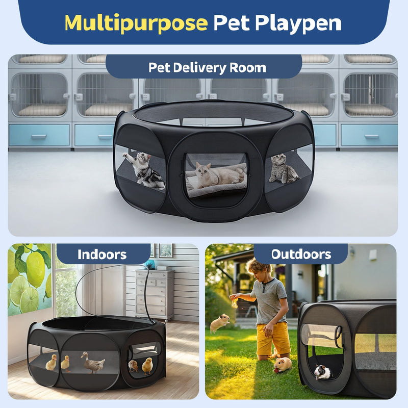 Pet Playpen for Small Animals, Breathable Cat Tent with Removable Zipper Cover & Waterproof Base, Portable Cat Playpen for Puppy Cats Kittens Rabbits Chicks, Indoor/Outdoor Use, Black - PawsPlanet Australia