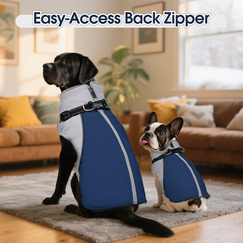 DENTRUN Dog Coat with Harness Built in, Easy On/Off Zipper Closure Winter Dog Vest, Water-Repellent Fleece Lined Warm Jacket with Reflective for Extra Large Dogs, Dark Blue, XXXL XXX-Large Gray-Blue