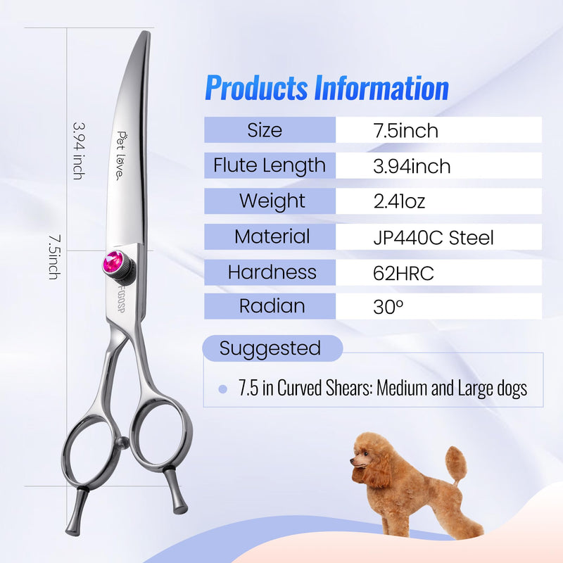 Curved Dog Grooming Scissors 7.5 inch Professional Curved Shears Dog Grooming for Poodle Large Dog Pet 30 Degree Japanese 440C Right Handed Super Sharp Purple Diamond(7.5,Curved) 7.5 inch Purple Diamond - PawsPlanet Australia