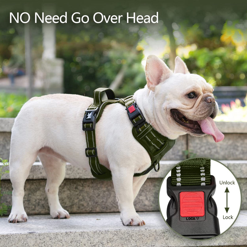 PoyPet No Pull Dog Harness, No Choke Reflective Dog Vest, Adjustable Pet Harnesses with Easy Control Padded Handle for Small Medium Large Dogs(Military Green,M) Military Green