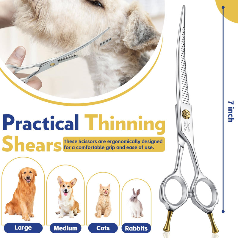 JASON 7" Dog Grooming Scissors - Up-curved Thinning Shears with 25%-30% Thinning Rate, Japanese 440C Stainless Steel Dog Blenders for Grooming with Adjustable Screw (32 Teeth, Silver) Christmas Gift - PawsPlanet Australia