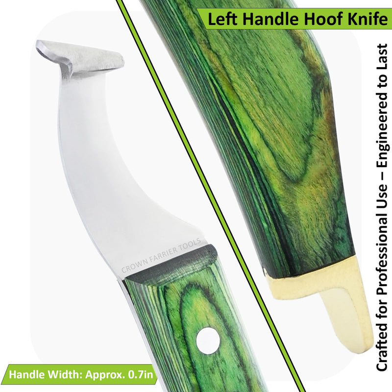 – Super Sharp Hoof Knife with Brass End | Precision-Sharpened Stainless Steel Blade & Wooden Handle | Pro Farrier Hoof Trimming Tool for Horses & Equine (Green, Left-Hand) Green