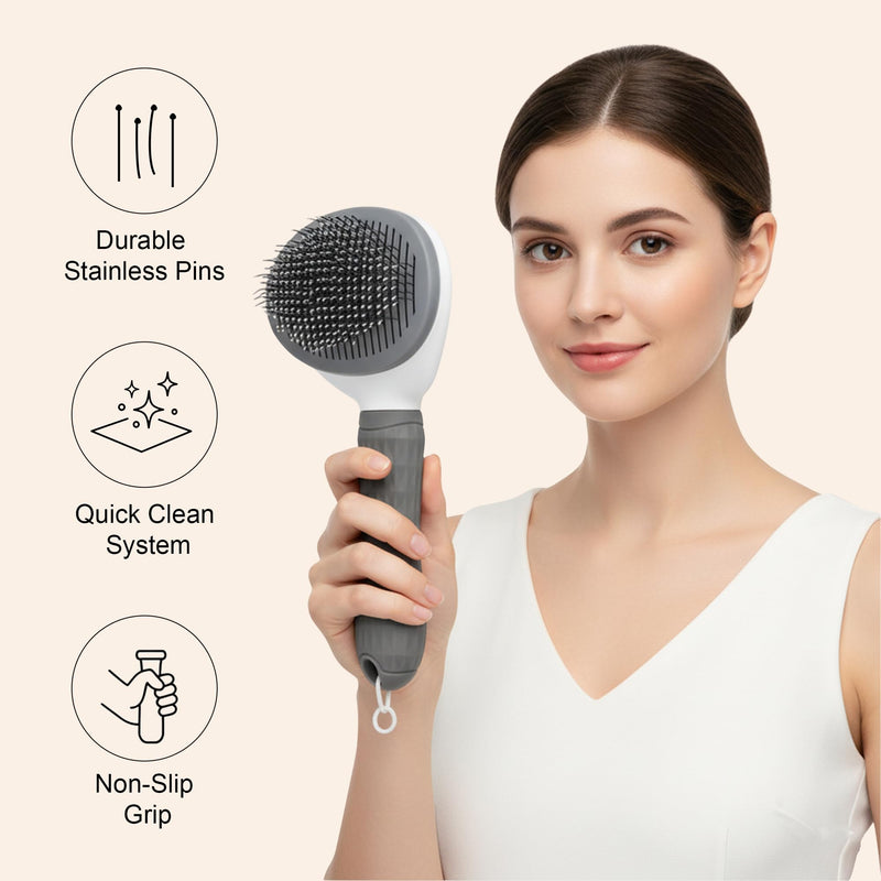 Pet Grooming Brush Universal Self Cleaning Slicker Brush for Dogs and Cats, Gentle Deshedding Tool for Long or Short Hair, Easy Clean Dog Brushes for Grooming, Gray