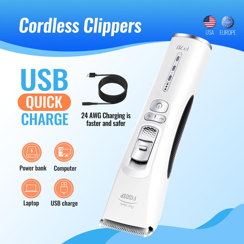 Dog Clippers for Grooming with 1 Dog Grooming Comb 3-Speed Low Noise Powerful Rechargeable Cordless Pet Grooming Trimmers for Small & Large Dogs Cats Pets with Thick & Heavy Coats GroomingClippers(White) - PawsPlanet Australia