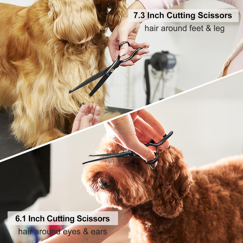 CIICII Dog Grooming Scissors Kit, 7 Inch Professional Pet Grooming Scissors Set with Safety Round Tip (Dogs/Cat Hair Cutting Trimming Thinning Shears with Curved Scissor) for DIY Home Salon (Black) Black Dog Grooming Scissors - PawsPlanet Australia