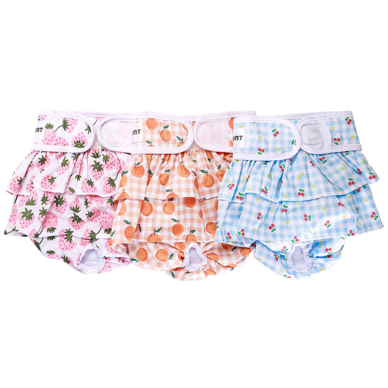 Avont 3 Pack Washable Dog Diapers Female (M/13-19), Reusable Dog Period Diapers Cover, Female Dog Diapers for Heat Cycle, Incontinence, Girl Dog Diapers Dress -Strawberry/Orange/Cherry Fruit Pattern - Strawberry/Orange/Cherry Medium