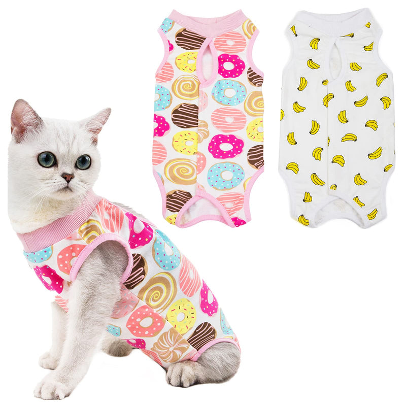 Cat Recovery Suit for Abdominal Wounds or Skin Diseases, 2 PCS Cat Surgery Recovery Suit Breathable E-Collar Alternative for Small Medium Pets After Surgery Wear, Banana and Donut, L