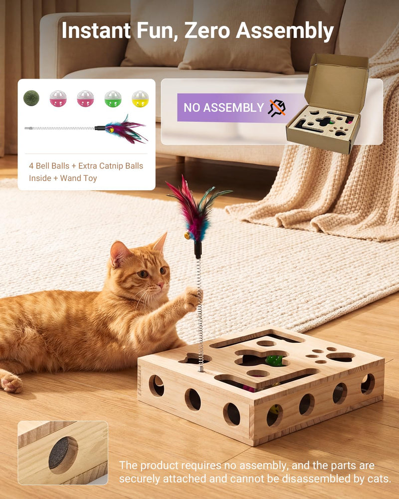 Cat Nail File Box with Interactive Cat Toys – 2026 Gift for a Cats Nail File Enrichment Box Scratch Puzzle Toy for Indoor Cats, Natural Claw Care with Wand Toy, 1 Catnip Ball&4 Bell Ball(Random Color)