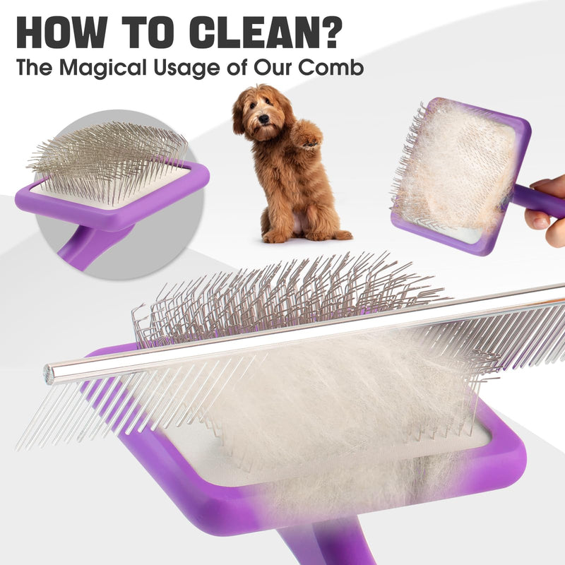 Dog Slicker Brush for Dogs Grooming Kit 4PCS | Large Dog Brush for Goldendoodles Poodles Doodles | Long Pin Haired Brush | Poodle Brushes and Comb (Purple) Purple - PawsPlanet Australia