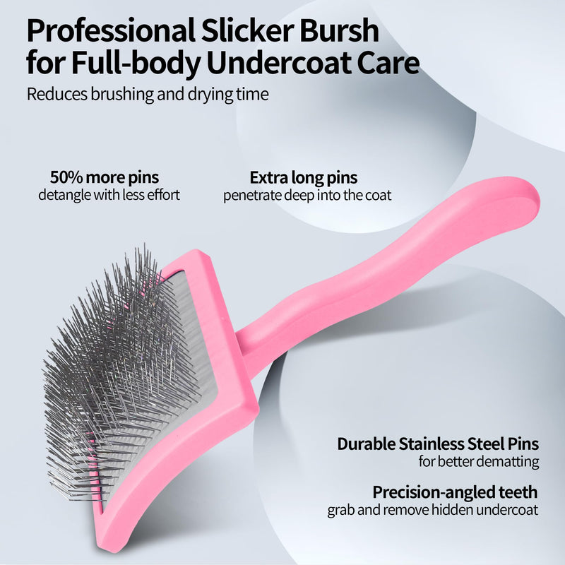 Pet Slicker Brush for Long & Short Hair - Detangling Tool for Dogs & Cats - 135° Angled Stainless Steel Pins, Curved Handle - Gentle Grooming for Small/Medium/Large Breeds (Pink) Pink - PawsPlanet Australia