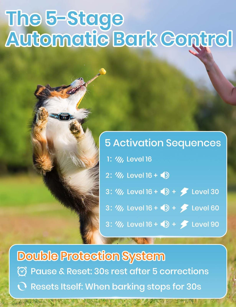 Smart 2-in-1 Dog Shock and Bark Collar - AI Anti-Misoperation, 3300FT Remote Training Collar, IPX7 Waterproof, 4 Modes (Tone, Vibration, Safe Shock, Auto Anti-Bark) for Dogs Blue - Blue - PawsPlanet Australia