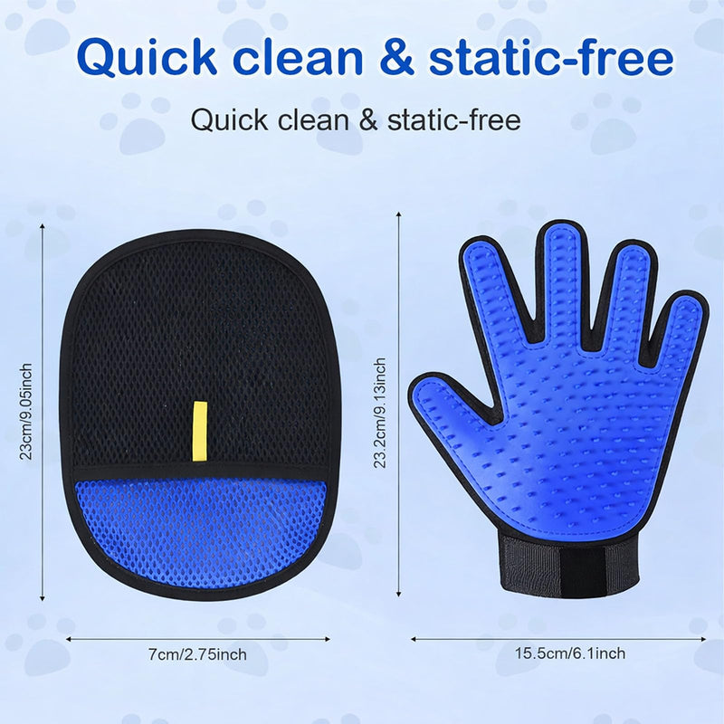 Pet Hair Removal Grooming Gloves Set – Silicone Cat & Dog Deshedding Gloves with Double-Sided Pet Hair Remover, Washable Reusable Anti-Static Grooming Set for Cats Dogs Horses (Blue) - PawsPlanet Australia