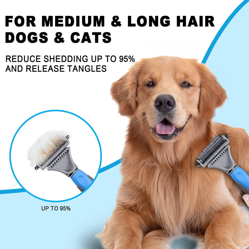 Pet Grooming Brush, Double Sided Undercoat Rake for Dogs & Cats, Professional Deshedding Brush and Dematting Tool, Safe and Effective Removing Knots, Mats, Tangles,and Flying Hair Light Blue - PawsPlanet Australia