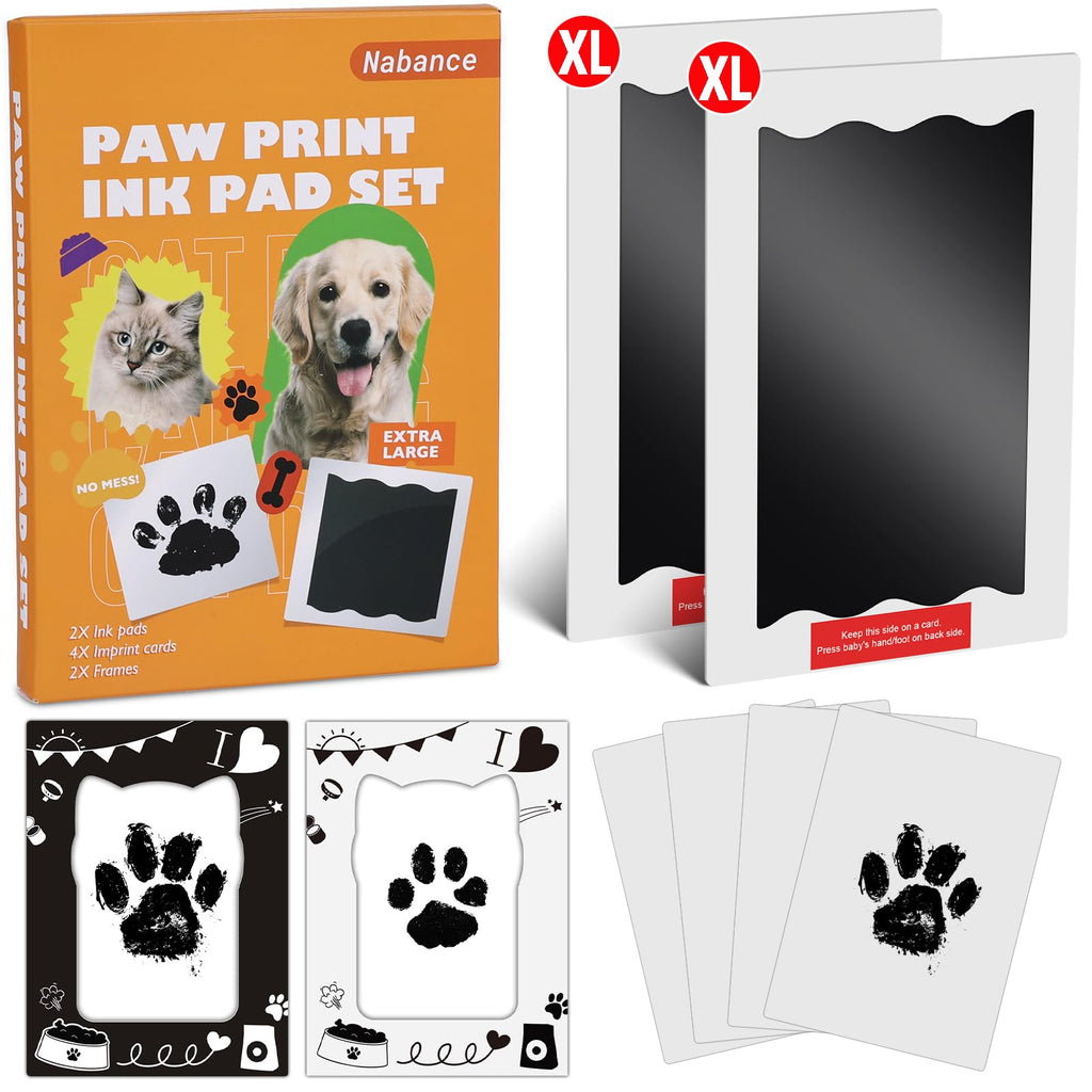 Nabance Paw Print Kit, Dog Nose Print Kit, 8 Pcs Baby Hand and Footprint Kit with Cute Pattern Photo Frames, No Mess Paw Print Stamp Pad for Dogs & Cats, Clean Touch Ink Pads, Family Keepsake Large 2 Pack Black