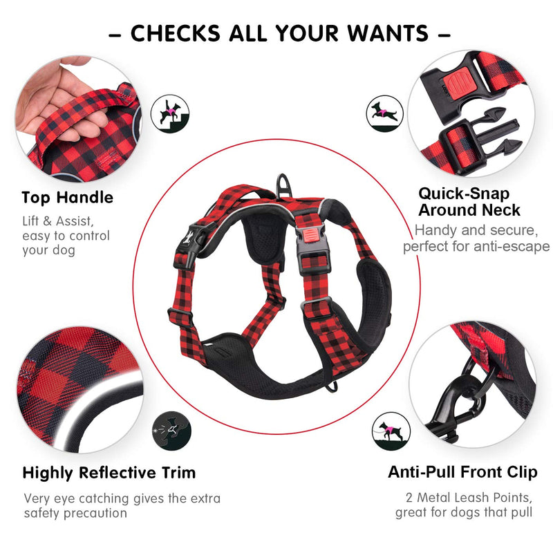 PoyPet No Pull Dog Harness, [Release at Neck] Reflective Adjustable No Choke Pet Vest with Front & Back 2 Leash Attachments, Soft Control Training Handle, Plaid(Checkered Red, S) Checkered Red - PawsPlanet Australia
