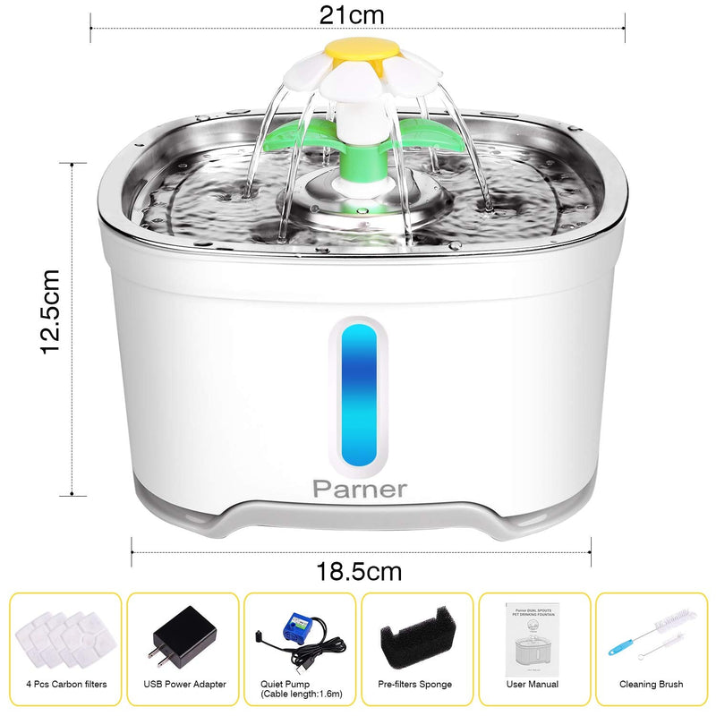 Cat Water Dispenser, Parner Stainless Steel Pet Fountain Flower 2.5L Auto Cat Fountain, Quiet Cat Drinking Fountain with 4 Filters & 1 Silicone Mat & 2 Cleaning Brushes for Cat, Dog, Bird, Other Pets Green & White - PawsPlanet Australia