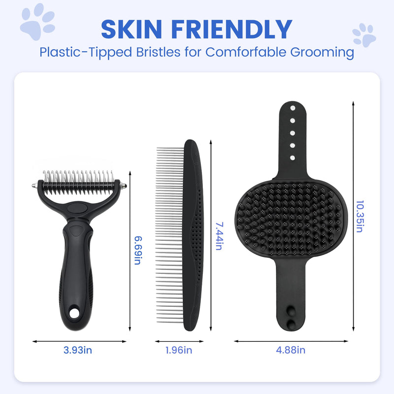 Double-Sided Pet Grooming Rake - 4-in-1 Professional Pet Grooming Kit, Deshedding Dematting Tool for Dogs, Cats, Extra-Wide Grooming Brush & Deshedder Comb for Long and Short Haired Pets(4PCS Black) Black Kit 4PCS