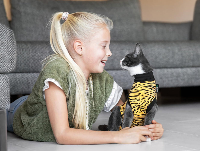 Suitical Cat Recovery Suit for Spay, Neuter, Suture, Incision, & Skin Conditions - Breathable Fabric with Back Opening - 15.7-17.7 Inches Neck to Tail, 18-24 Inches Chest - XS, Tiger Print - PawsPlanet Australia