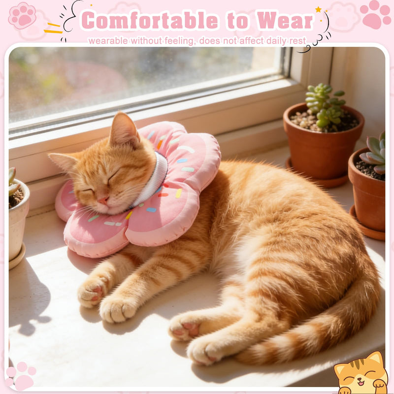 QKURT Cat Cone Collar Soft, Adjustable Waterproof Pet Recovery Collar, Cute Donut Pattern Neck Cat Cones After Surgery, Prevent Licking Biting Protect Wounds for Puppies, Cats, Petal Shape Pink S