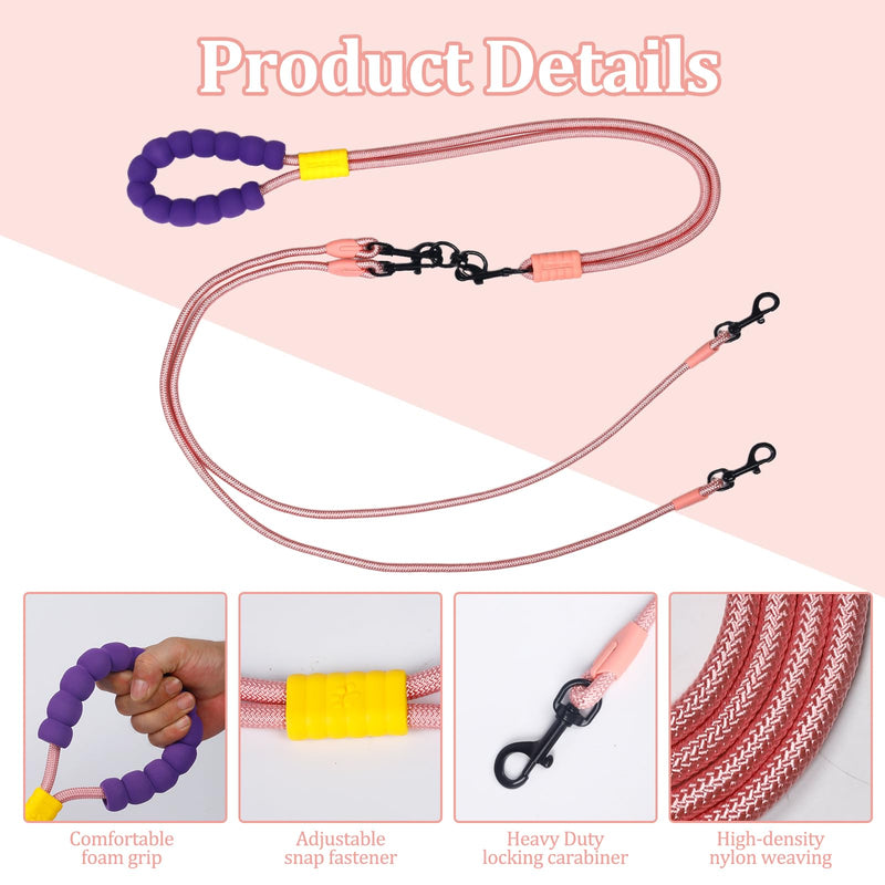 Double Dog Leash No Tangle, Adjustable Split Leads Four Pet Walking Leash with Comfortable Padded Handle for Four Dogs, Hands - Free Dual Leashes for Small/Medium Pets (Pink, Four Leashes) Pink