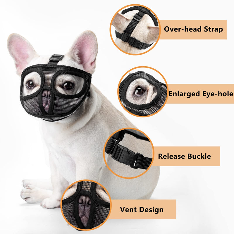 Ohcozzy Short Snout Dog Muzzle, Soft Mesh French Bulldog Muzzle with Enlarged Eye Hole to Prevent Eating Biting Licking(M,Black) M Black - PawsPlanet Australia