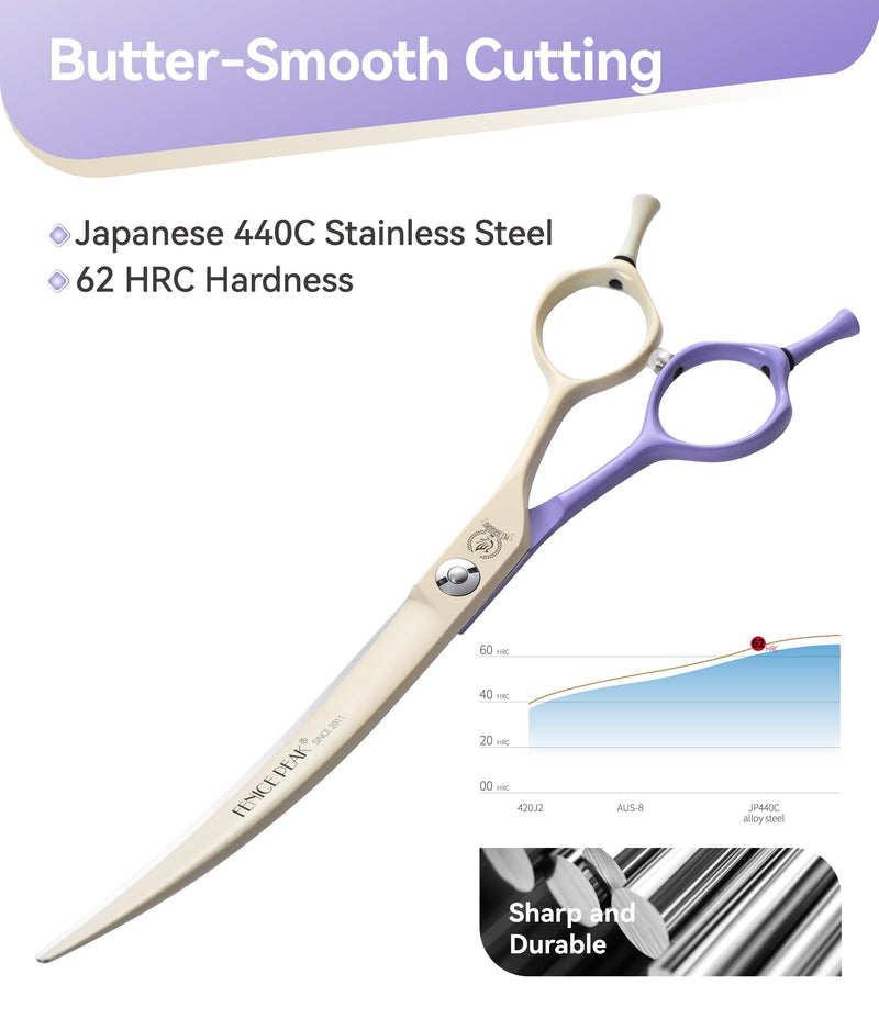 Fenice Peak Curved Dog Grooming Scissors with Coating 440C Stainless Steel, 7 inch Professional Curved Shears Dog Grooming，25 Degree of Curved Blade，Pet Shear for Trimming Face and Paw, Violet & White 7" Violet&white - PawsPlanet Australia
