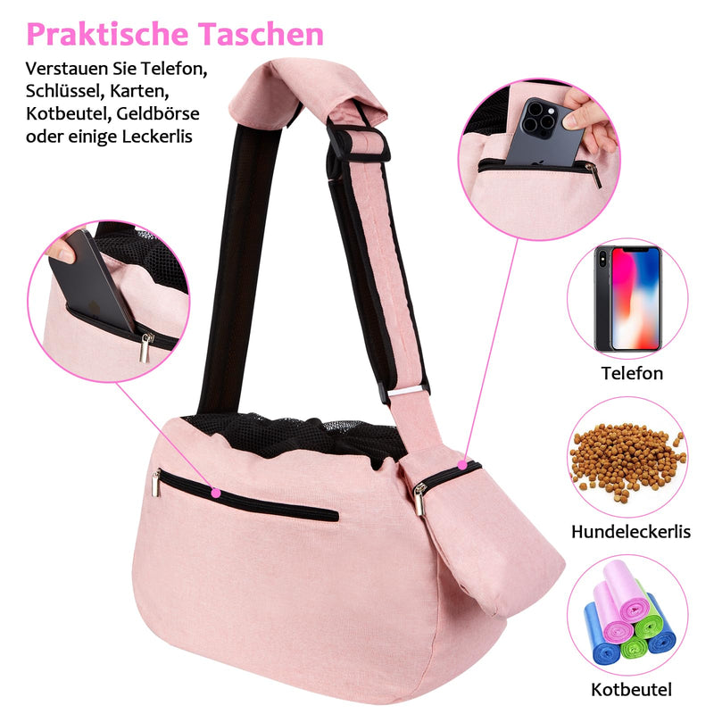 Ownpets Pet Sling Carrier, Fits 6.5 to 9kg Medium Dog/Cat Sling Carrier Reversible and Hands-Free Dog Bag with Adjustable Strap and Pocket Shoulder Pad for Outdoor Travel Hiking, Pink